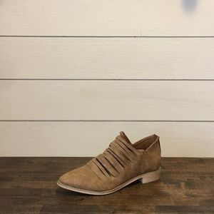 Distressed Booties with Laser Cut Stacked Heel